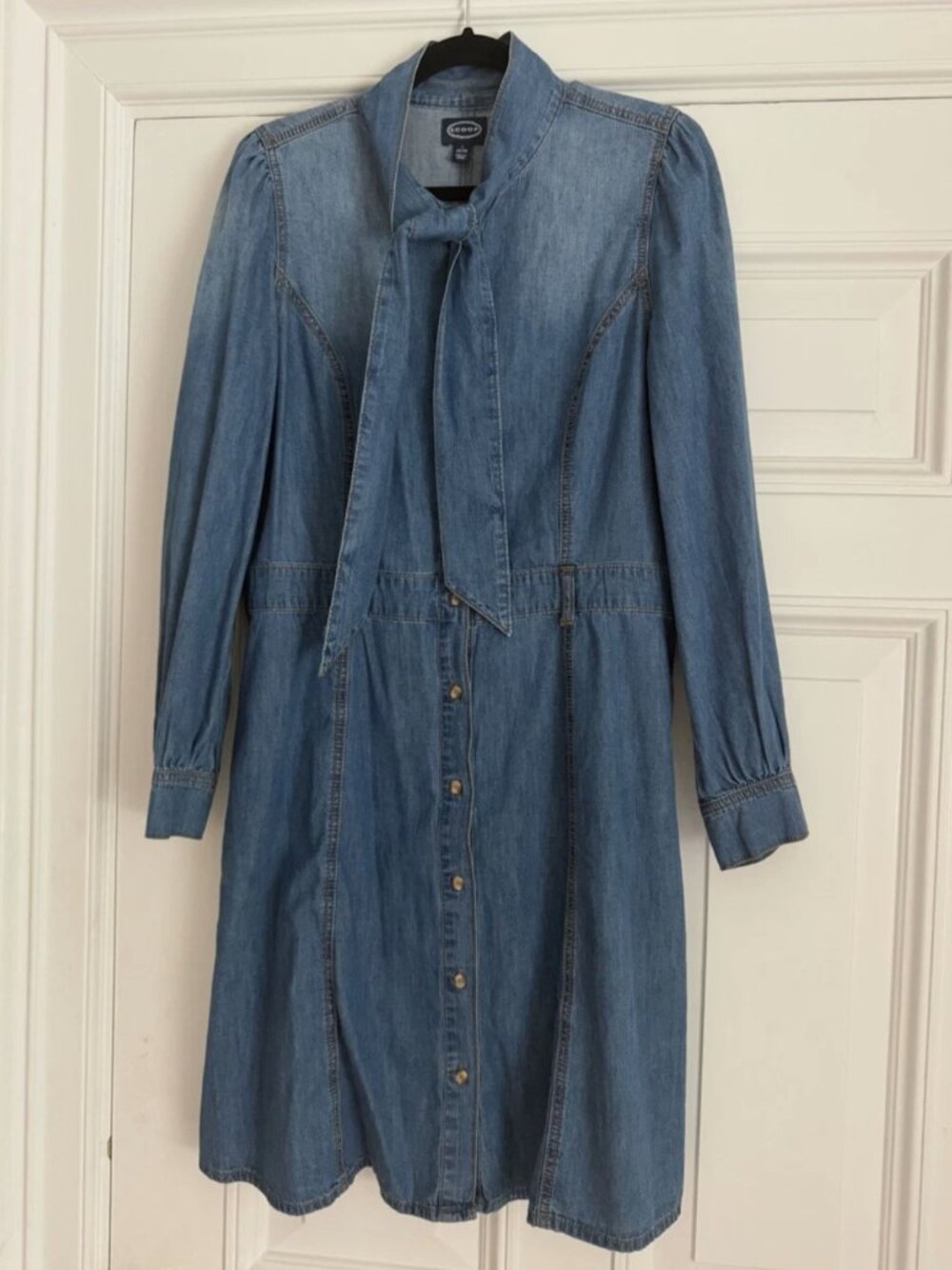 Scoop Tie Neck Button Down Denim Dress